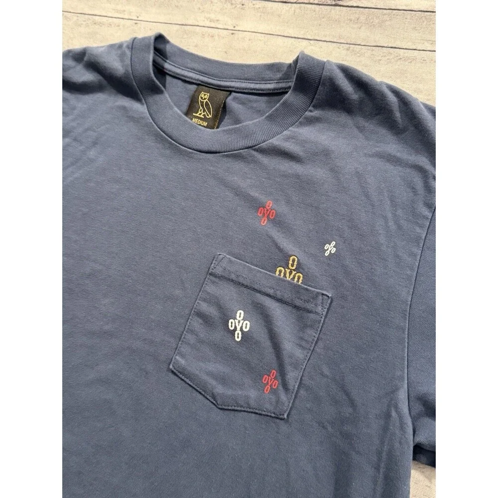 OVO Octobers Very Own Mens Pocket T Shirt Sz M Blue Fade Stitch Print Drake